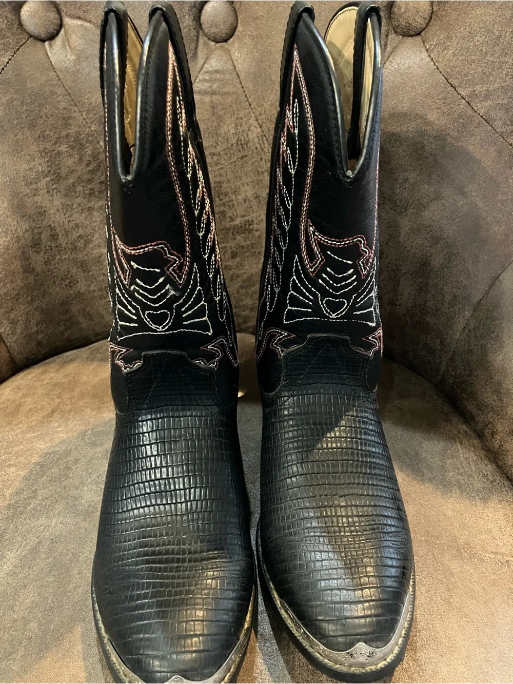 Boys Black Embossed Western Boots with Contrast Stitching